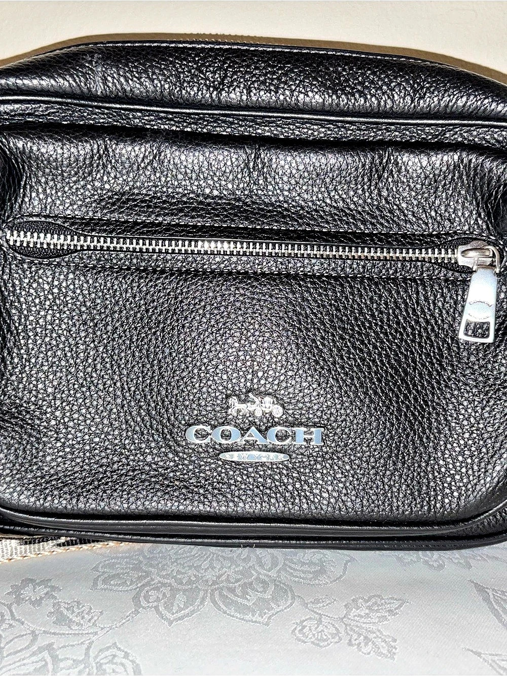 Coach Elias Pebbled Leather Crossbody Bag with Leopard Webbed Strap